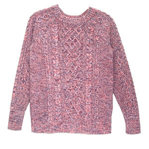 GAP Double Cable Knit Crewneck Sweater S Pink Blue Marled Fisherman Cotton EUC